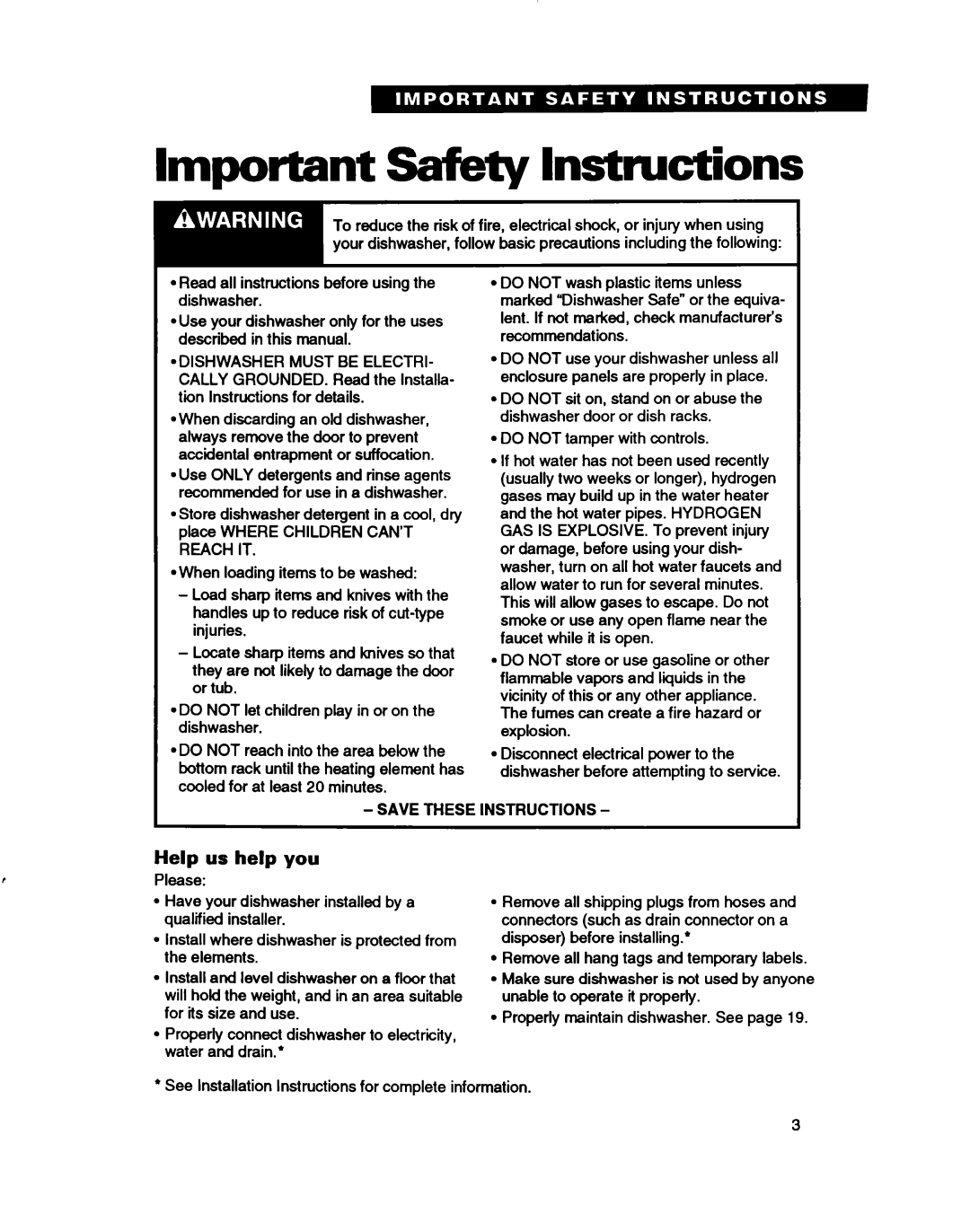 Whirlpool TUD2000, TUD7000, TUD3000, TUD5000 warranty Important safety Instructions, Help us help you 