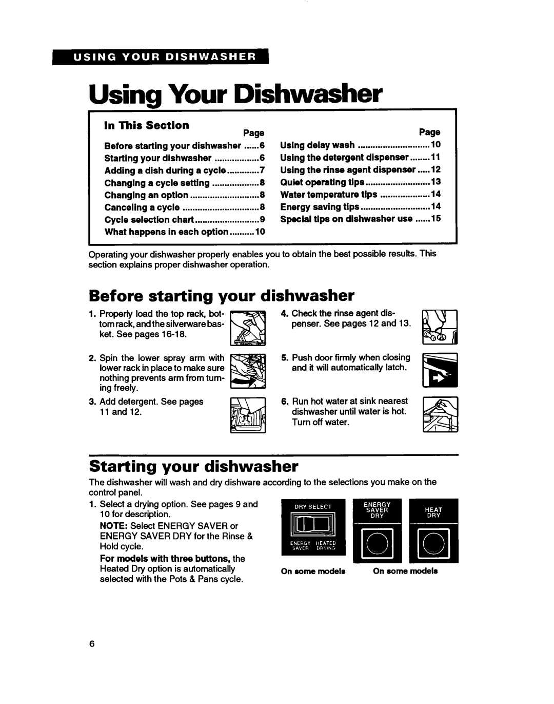 Whirlpool TUD5000, TUD7000, TUD3000 IUsing Your, Before starting your dishwasher, Starting your dishwasher, This Section 