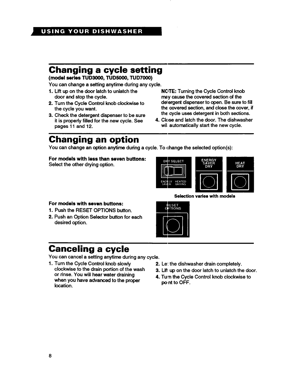 Whirlpool TUD7000, TUD3000, TUD5000 Cycle, Changing an option, Selectlon varies with models For models with seven buttons 