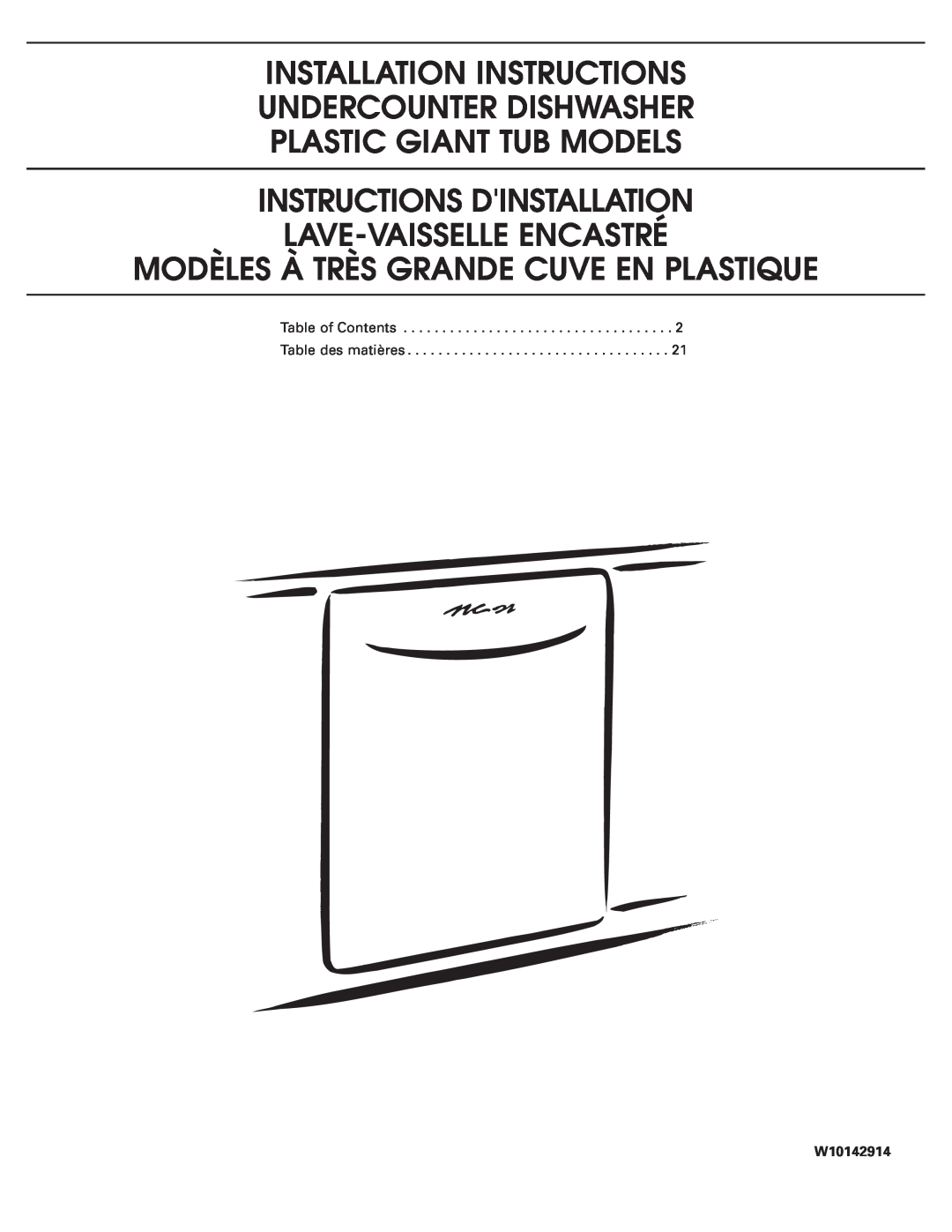 Whirlpool TUD8700SQ installation instructions Installation Instructions Undercounter Dishwasher, W10142914 