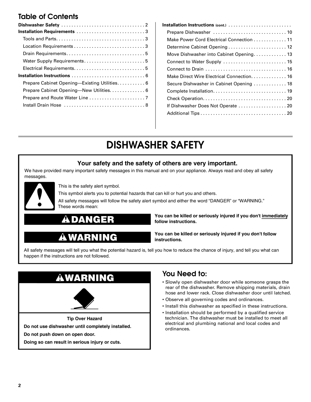 Whirlpool TUD8700SQ Dishwasher Safety, Danger, Your safety and the safety of others are very important, Tip Over Hazard 