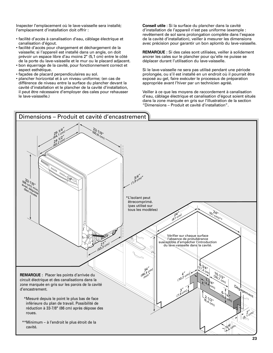 Whirlpool TUD8700SQ installation instructions Dimensions - Produit et cavité d’encastrement, 60,6 7/8” 