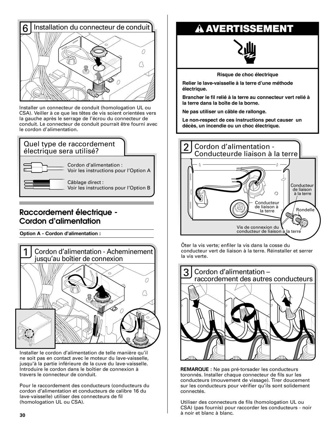 Whirlpool TUD8700SQ Avertissement, Installation du connecteur de conduit, Option A - Cordon d’alimentation 