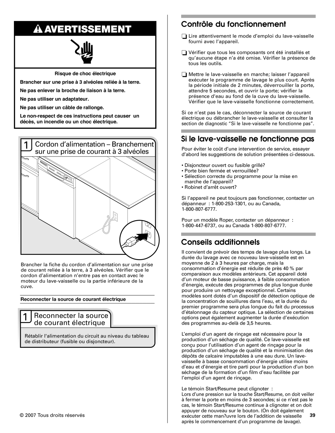 Whirlpool TUD8700SQ Avertissement, Cordon d’alimentation - Branchement, sur une prise de courant à 3 alvéoles 