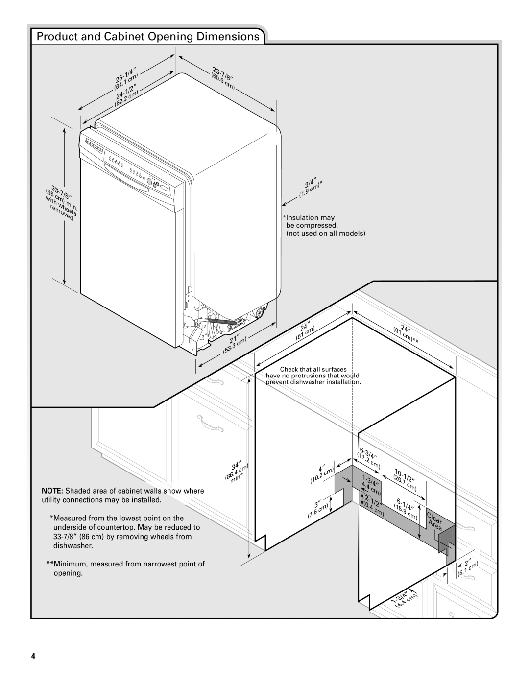 Whirlpool TUD8700SQ installation instructions Product and Cabinet Opening Dimensions, 7/8”, 43/4” 