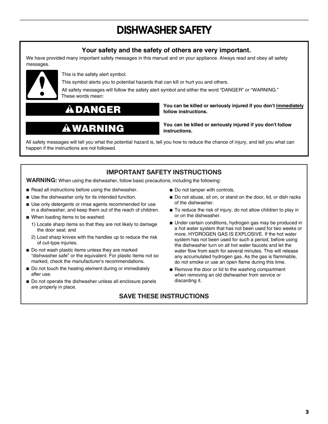 Whirlpool TUD8750S manual Dishwasher Safety, Important Safety Instructions, Save These Instructions, Danger 