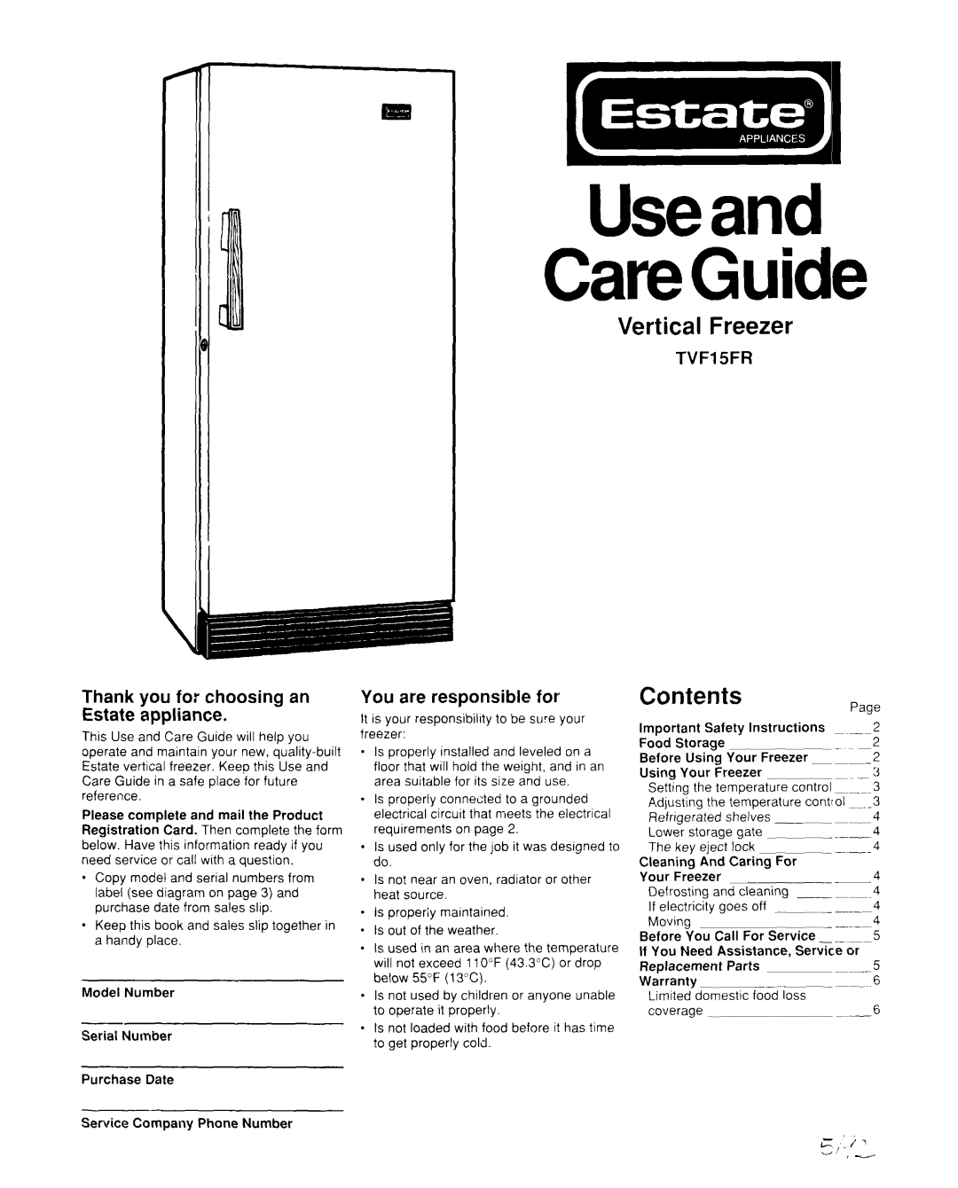 Whirlpool TVF15FR important safety instructions Vertical Freezer, Contents 