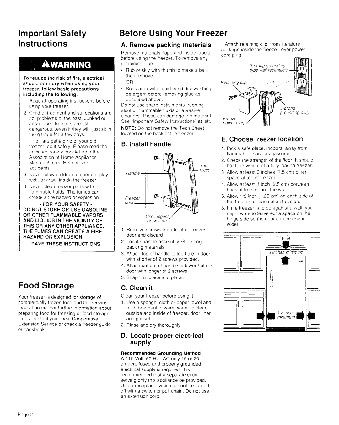 Whirlpool TVF15FR important safety instructions Important Safety Before Using Your Freezer Instructions, Food Storage 