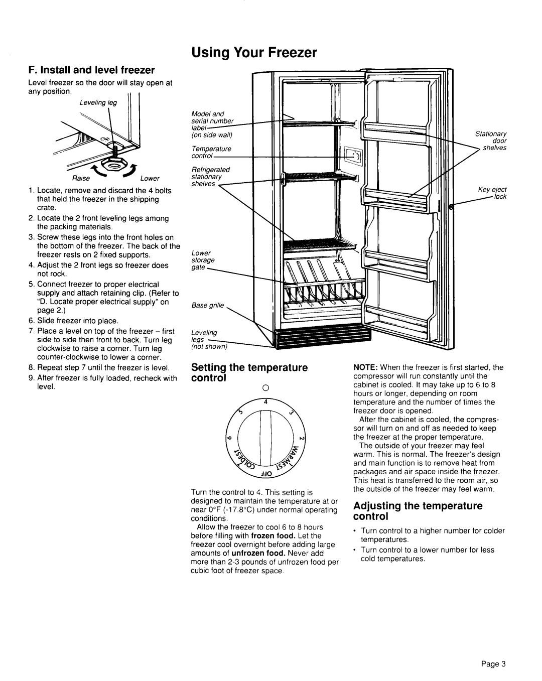 Whirlpool TVF15FR Using Your Freezer, Install and level freezer, Setting the temperature control 