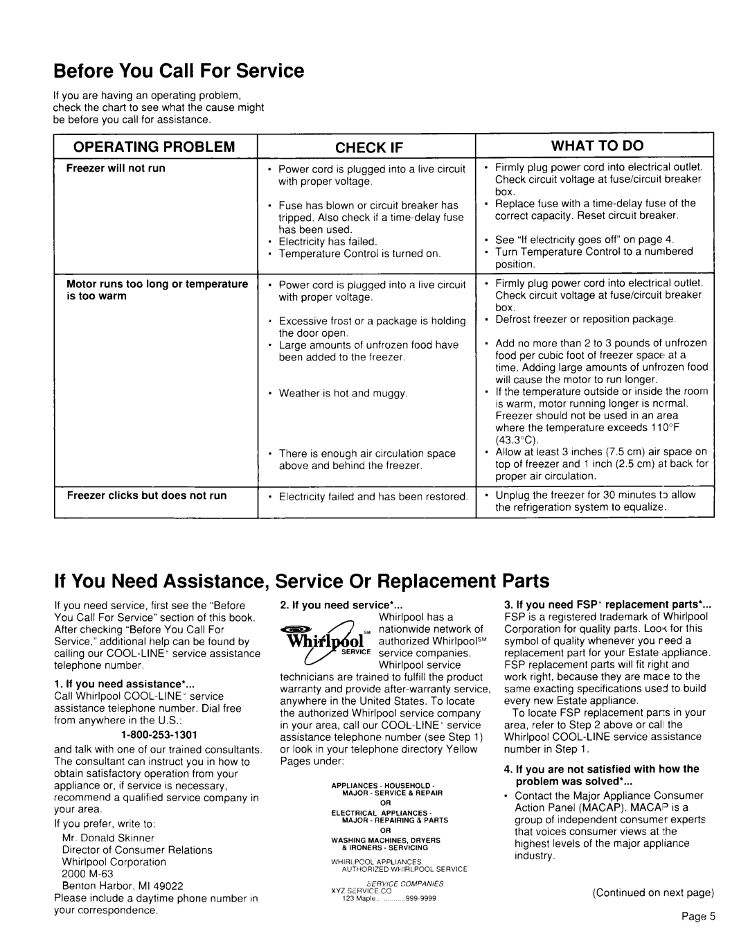 Whirlpool TVF15FR Before You Call For Service, If You Need Assistance, Service Or Replacement, Parts 