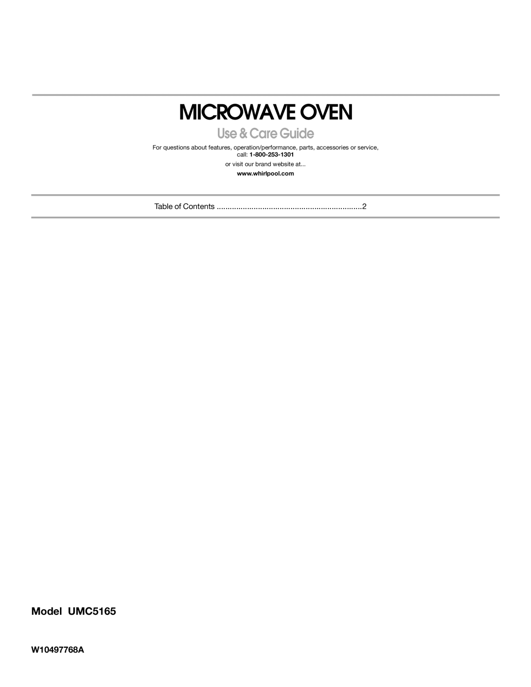 Whirlpool UMC5165 manual Microwave Oven, W10497768A 