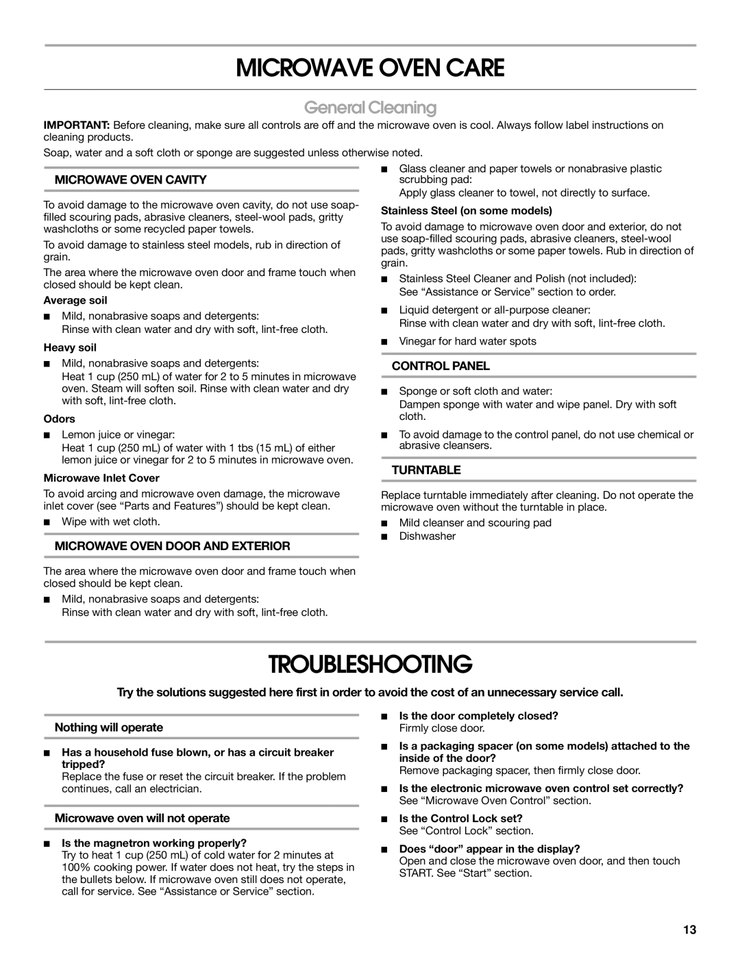 Whirlpool UMC5165 manual Microwave Oven Care, Troubleshooting, General Cleaning, Microwave oven will not operate 