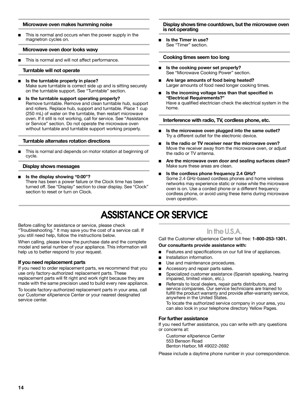 Whirlpool UMC5165 manual Assistance or Service, U.S.A 