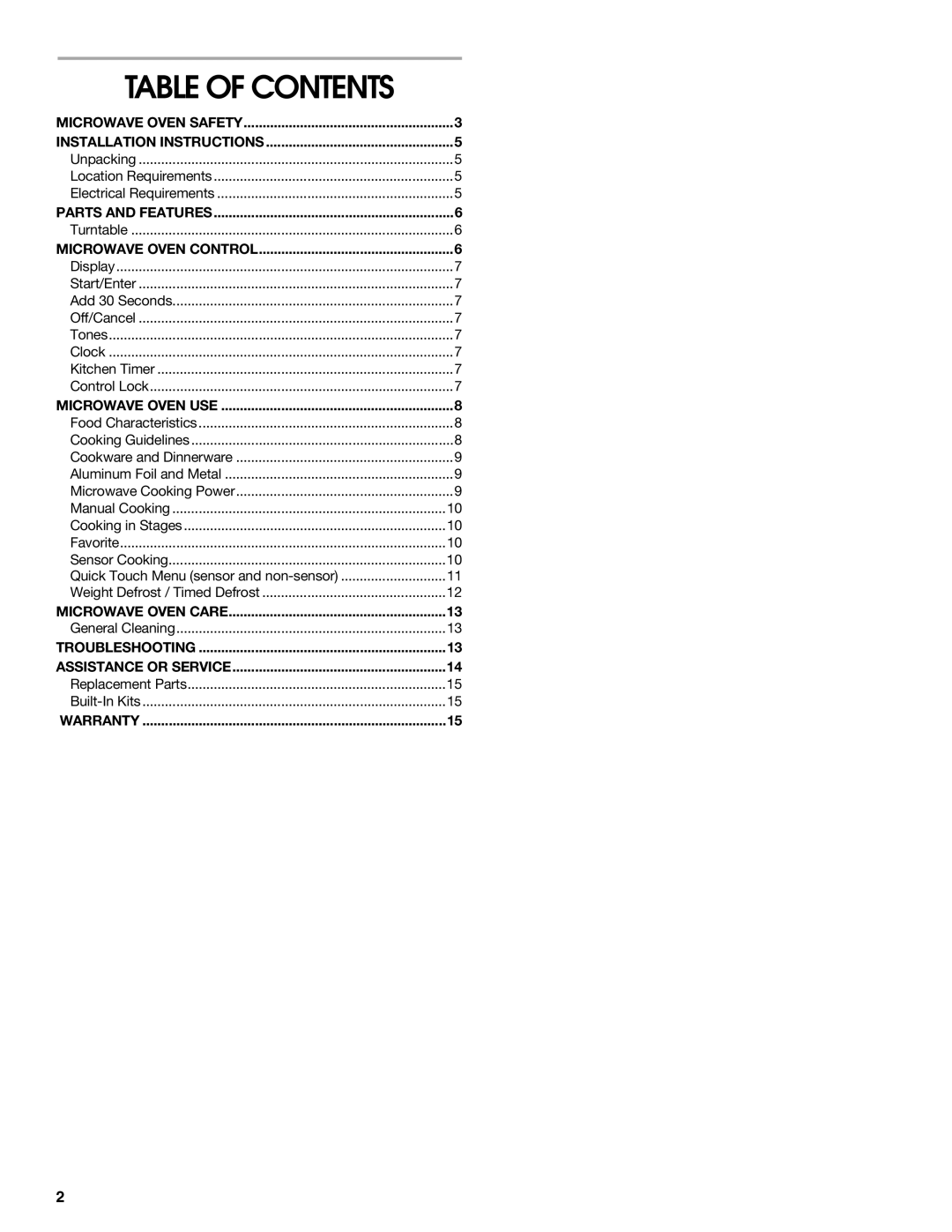 Whirlpool UMC5165 manual Table of Contents 