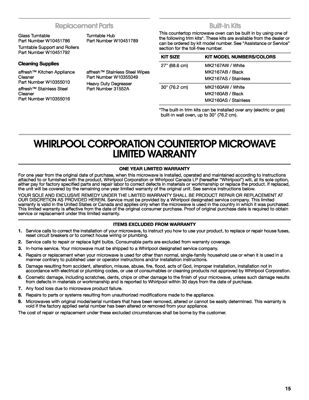 Whirlpool UMC5165 Limited Warranty, Replacement Parts, Built-In Kits, Whirlpool Corporation Countertop Microwave, Kit Size 