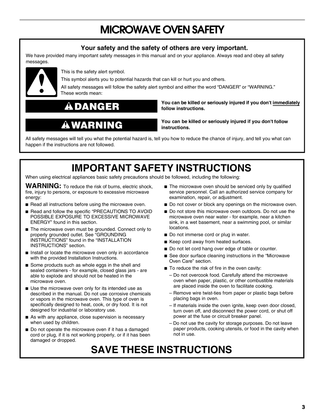 Whirlpool UMC5165 manual Microwave Oven Safety, Important Safety Instructions, Save These Instructions, Danger 