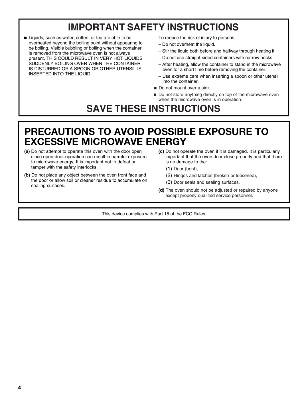 Whirlpool UMC5165 Precautions To Avoid Possible Exposure To Excessive Microwave Energy, Important Safety Instructions 