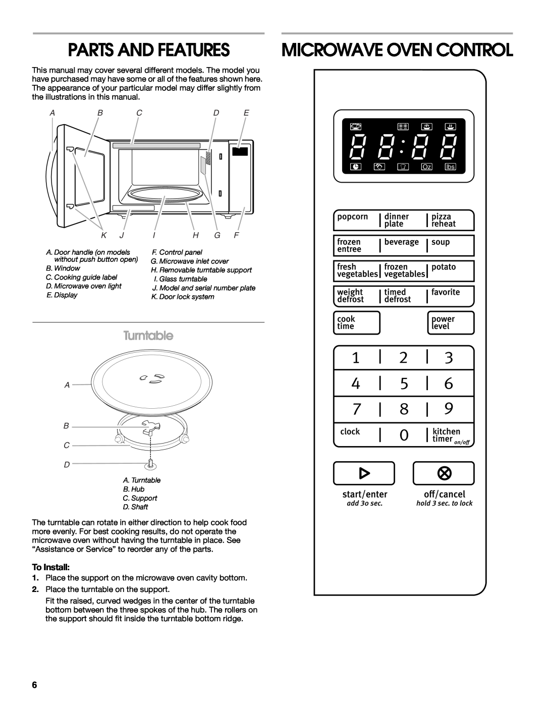 Whirlpool UMC5165 manual Parts And Features, Turntable, Microwave Oven Control, Ab Cd E, I H G F, A B C D 