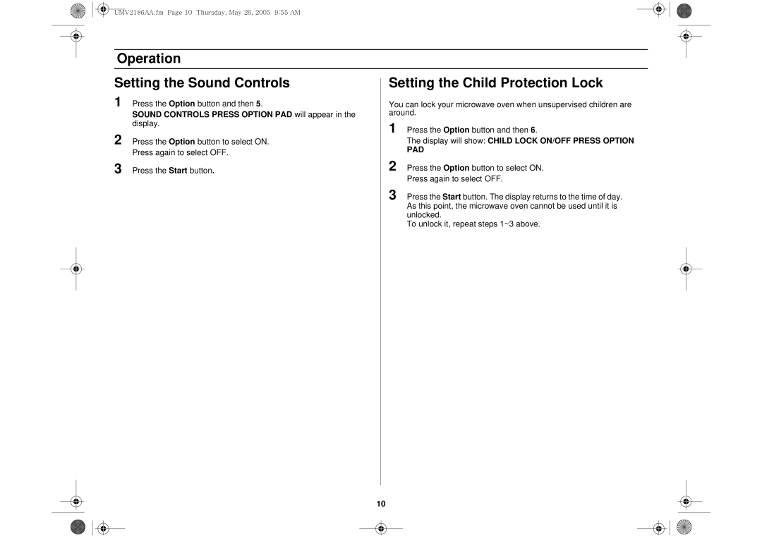 Whirlpool UMV2186AA Sound Controls Press Option PAD will appear, Display will show Child Lock ON/OFF Press Option, Pad 