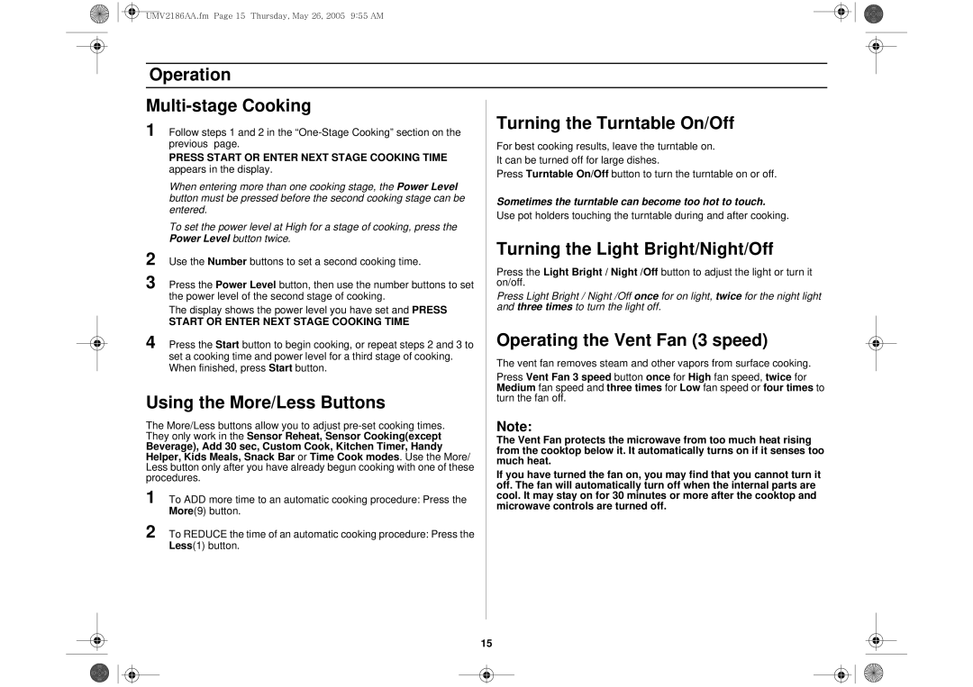 Whirlpool UMV2186AA Operation Multi-stage Cooking Turning the Turntable On/Off, Turning the Light Bright/Night/Off 