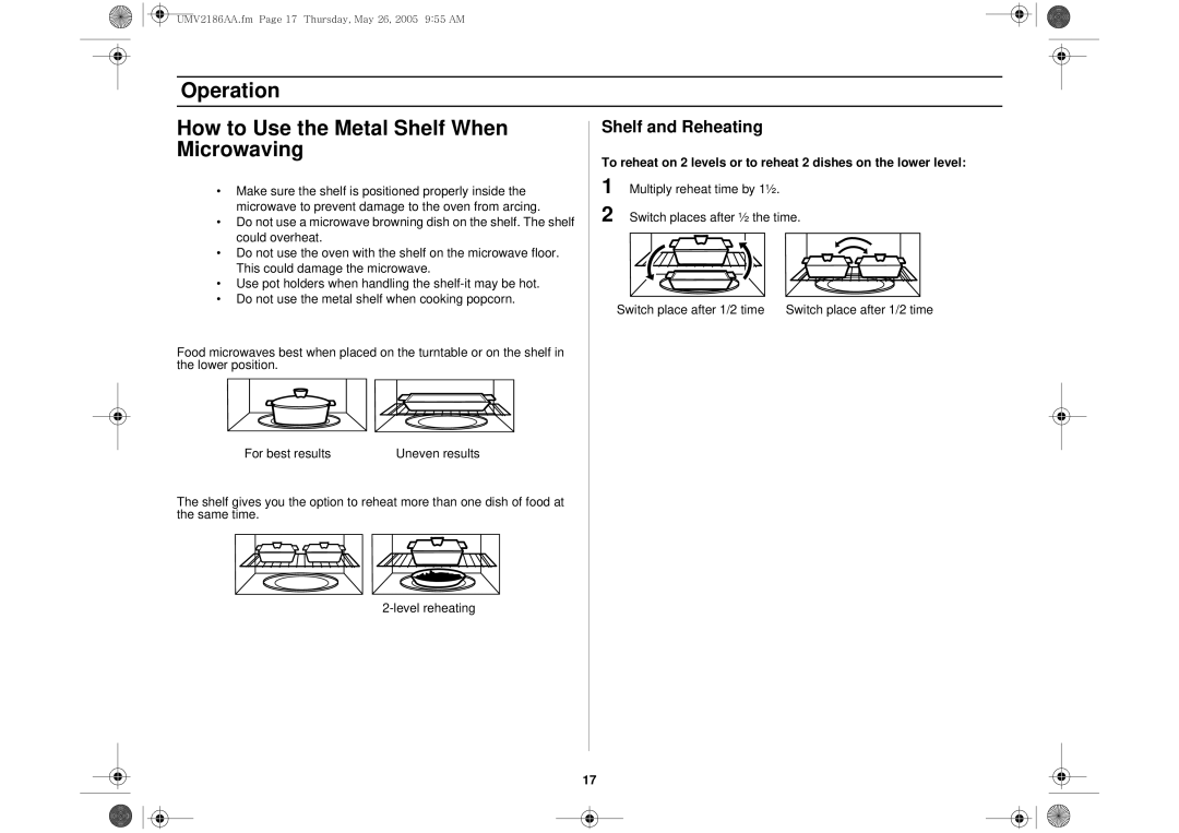 Whirlpool UMV2186AA owner manual Operation How to Use the Metal Shelf When, Microwaving, Shelf and Reheating 