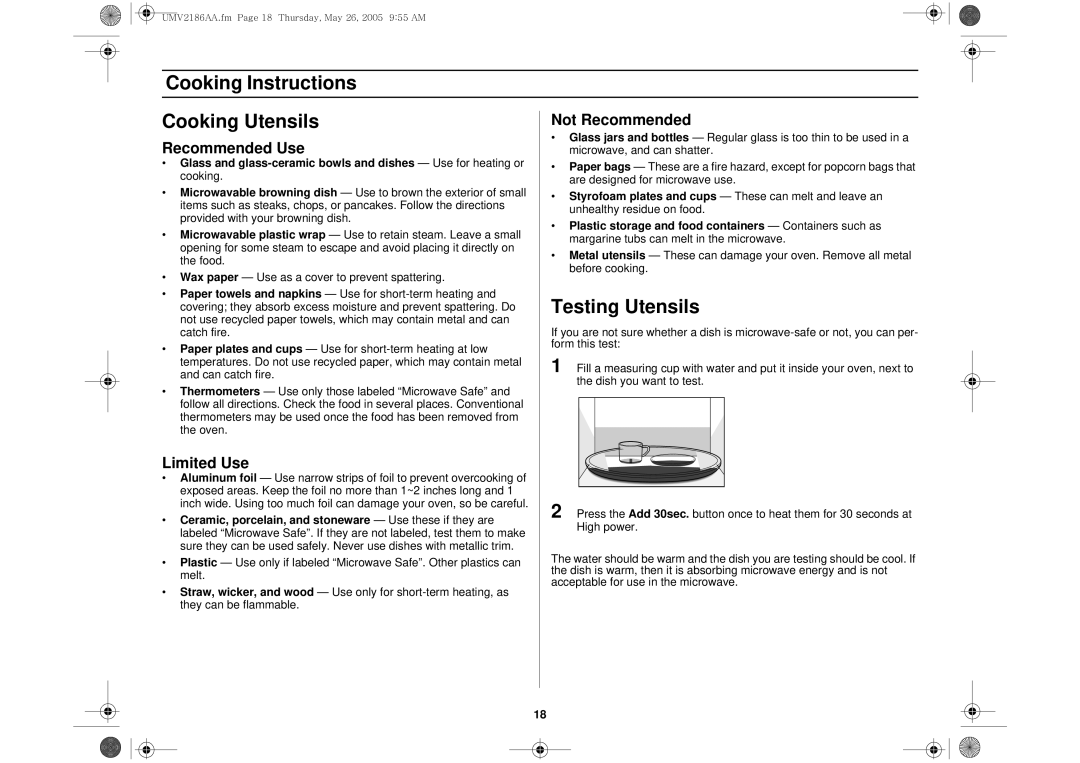 Whirlpool UMV2186AA Cooking Instructions Cooking Utensils, Testing Utensils, Recommended Use, Limited Use, Not Recommended 