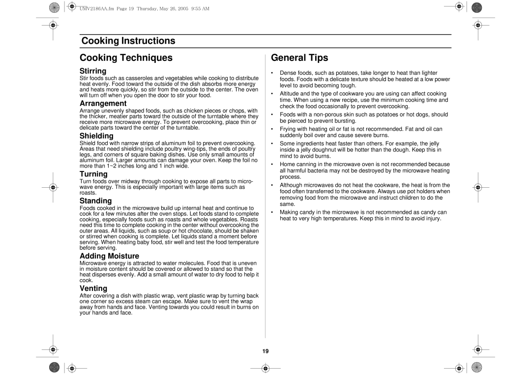 Whirlpool UMV2186AA owner manual Cooking Instructions Cooking Techniques General Tips 