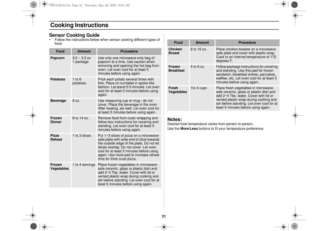 Whirlpool UMV2186AA owner manual Cooking Instructions, Sensor Cooking Guide 