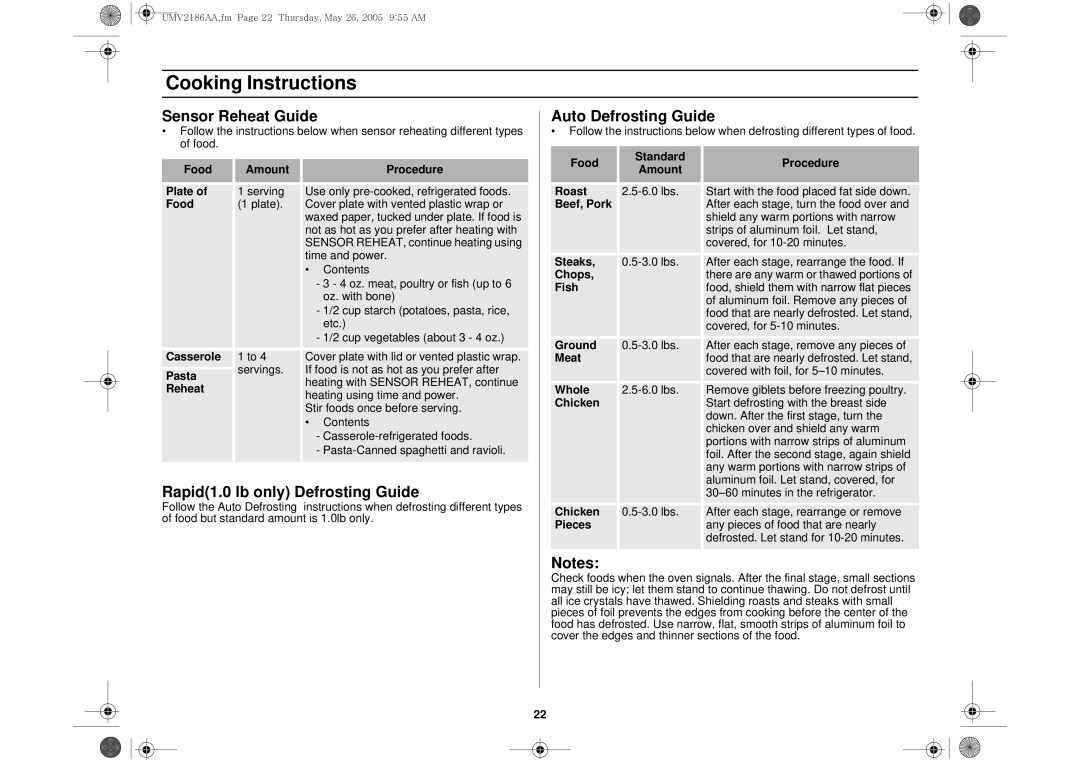 Whirlpool UMV2186AA owner manual Sensor Reheat Guide, Rapid1.0 lb only Defrosting Guide, Auto Defrosting Guide 