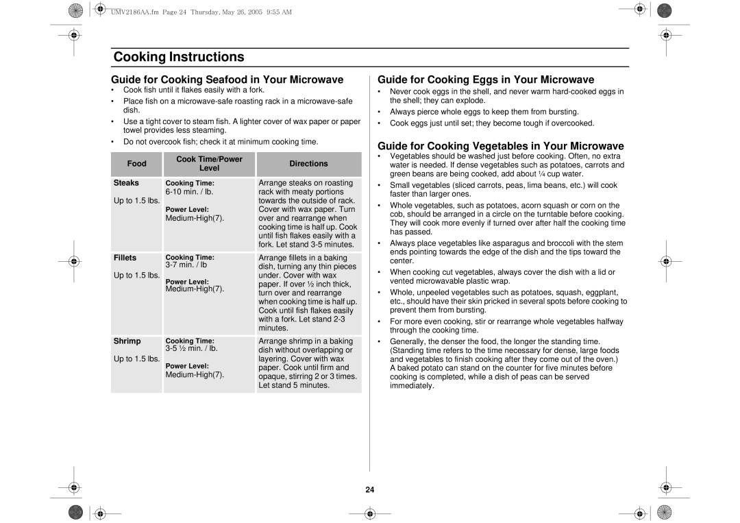 Whirlpool UMV2186AA owner manual Guide for Cooking Seafood in Your Microwave, Guide for Cooking Eggs in Your Microwave 