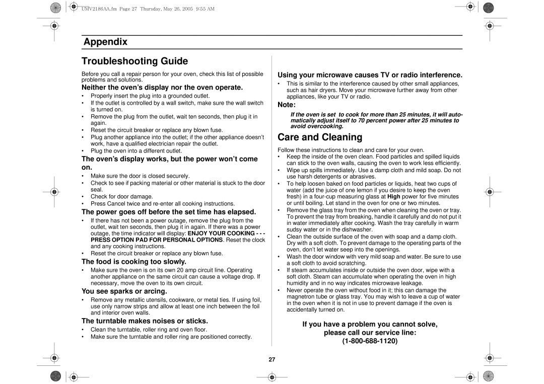 Whirlpool UMV2186AA owner manual Appendix Troubleshooting Guide, Care and Cleaning 