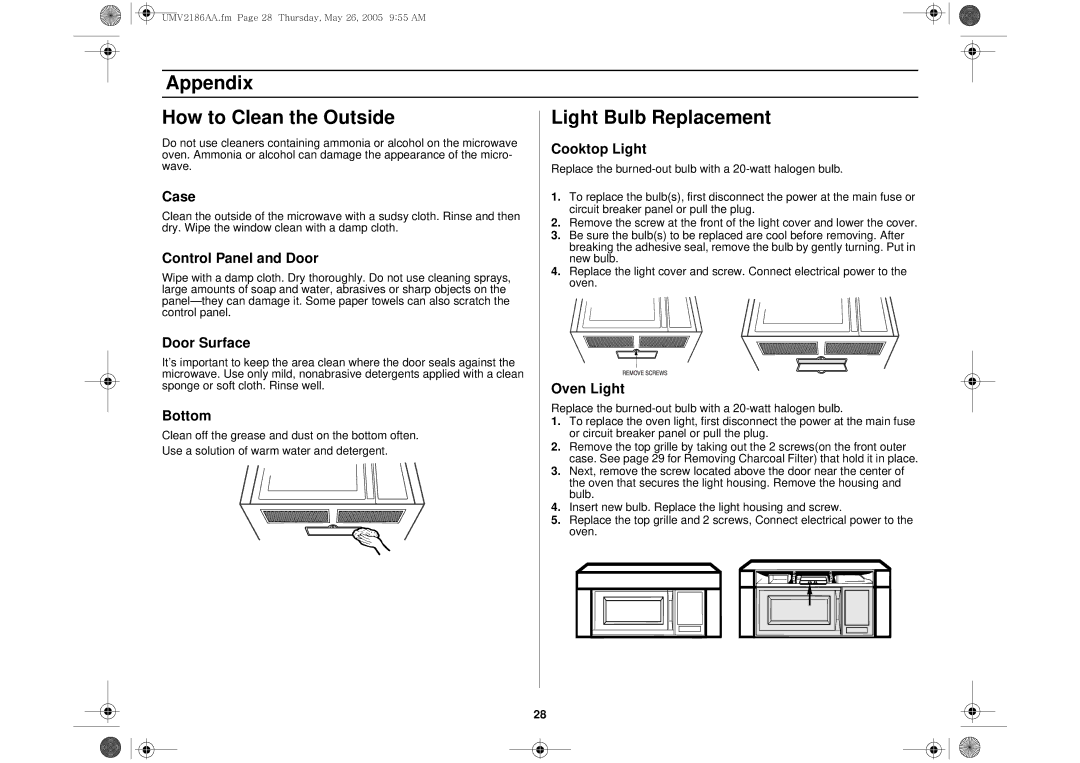 Whirlpool UMV2186AA owner manual Appendix How to Clean the Outside Light Bulb Replacement 