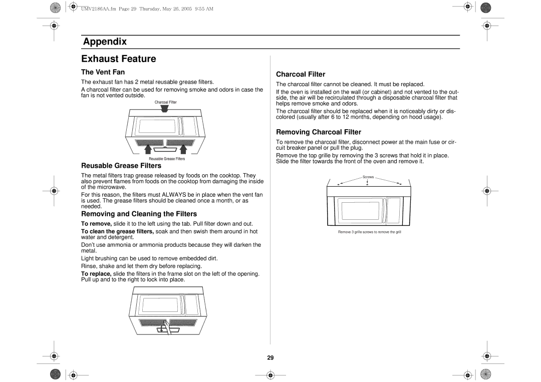 Whirlpool UMV2186AA Appendix Exhaust Feature, Vent Fan Charcoal Filter, Removing Charcoal Filter, Reusable Grease Filters 