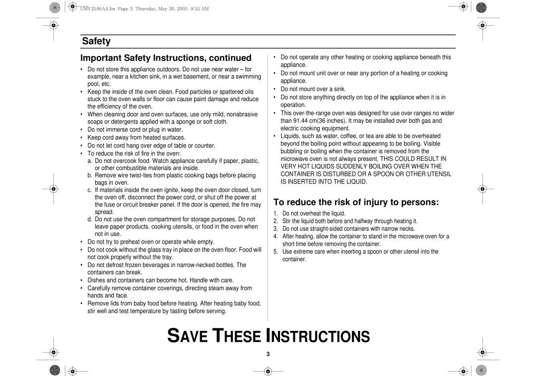 Whirlpool UMV2186AA owner manual Important Safety Instructions 