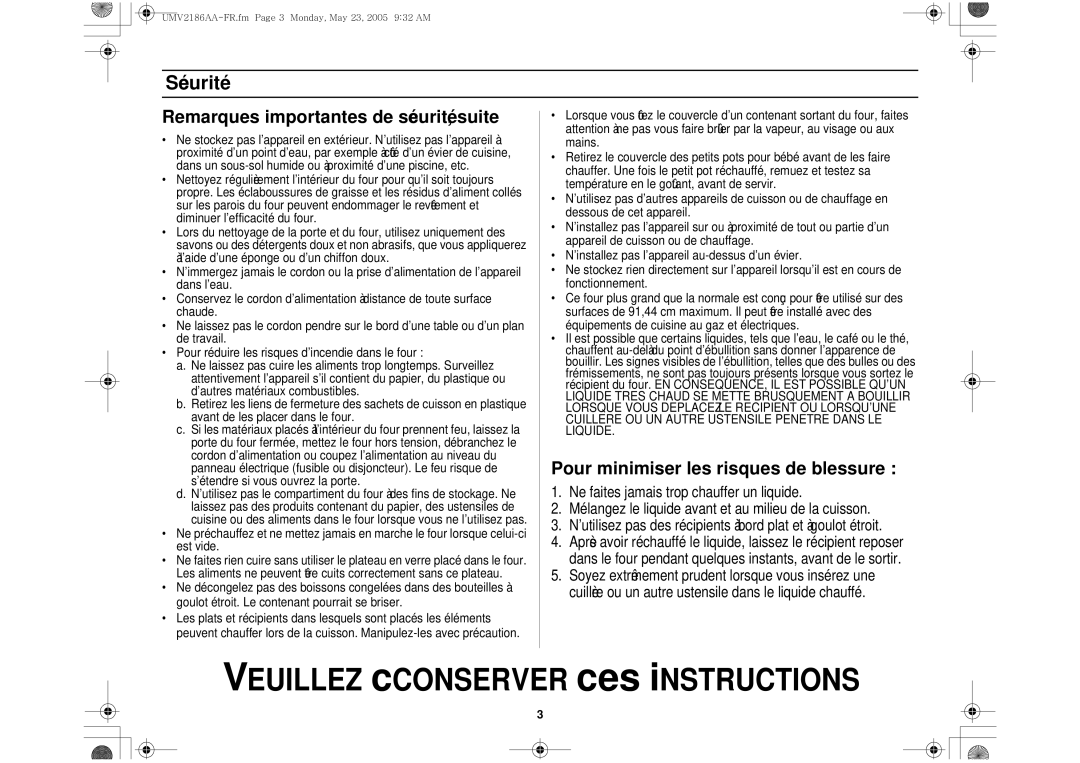 Whirlpool UMV2186AA owner manual Remarques importantes de sécurité, suite 