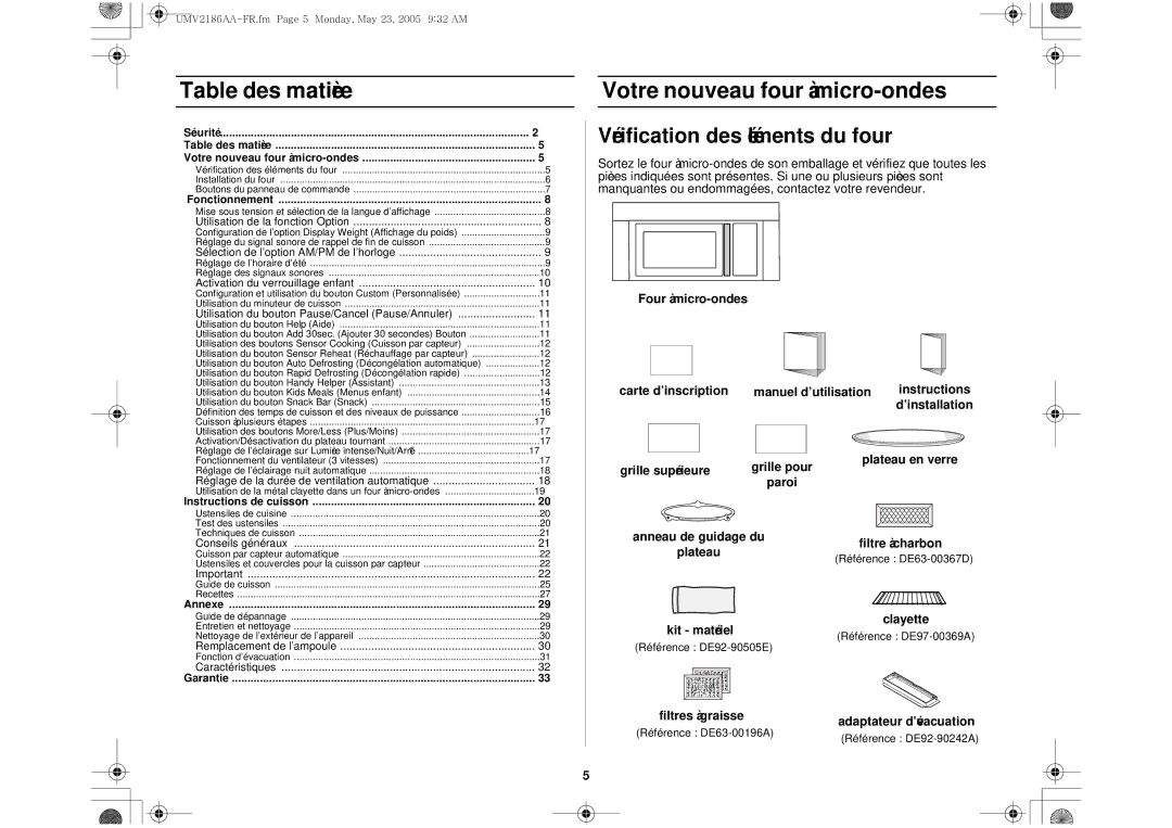 Whirlpool UMV2186AA owner manual Vérification des éléments du four, Clayette, Adaptateur d’évacuation 