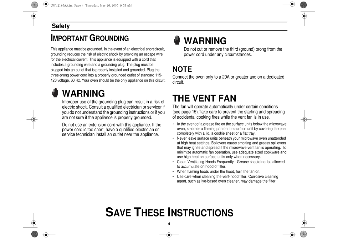 Whirlpool UMV2186AA owner manual Vent FAN 