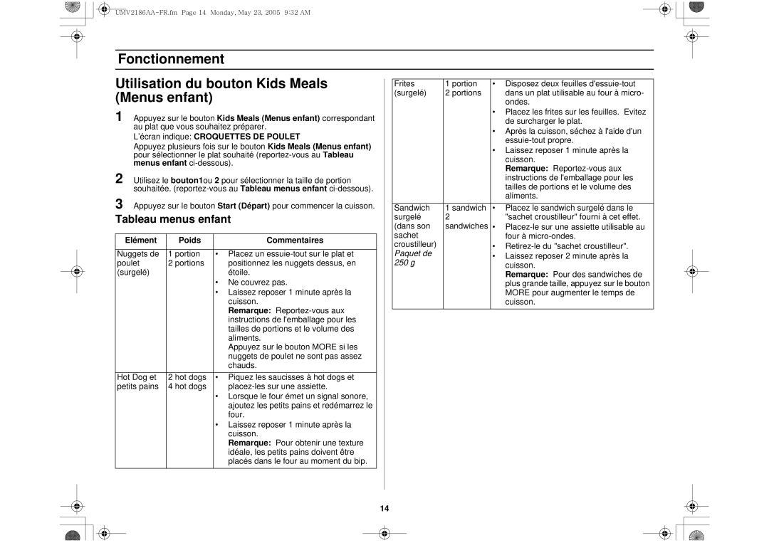 Whirlpool UMV2186AA owner manual Tableau menus enfant, ’écran indique Croquettes DE Poulet 