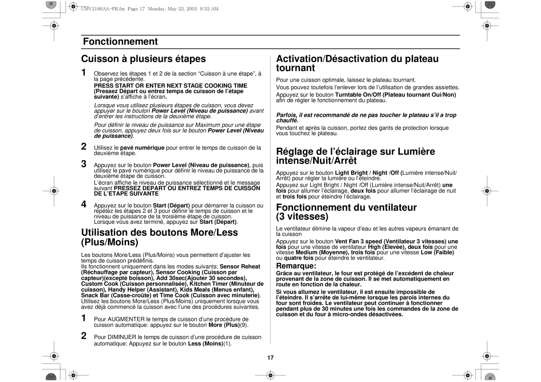 Whirlpool UMV2186AA Tournant, Réglage de l’éclairage sur Lumière, Intense/Nuit/Arrêt, Fonctionnement du ventilateur 