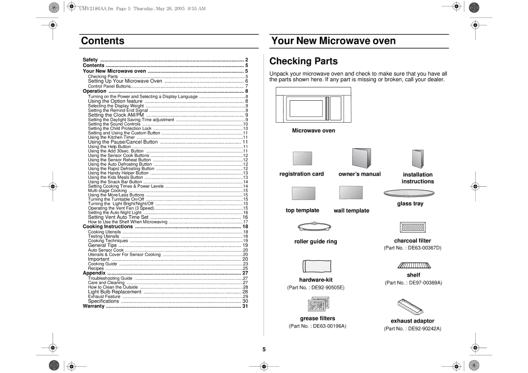 Whirlpool UMV2186AA owner manual Contents 