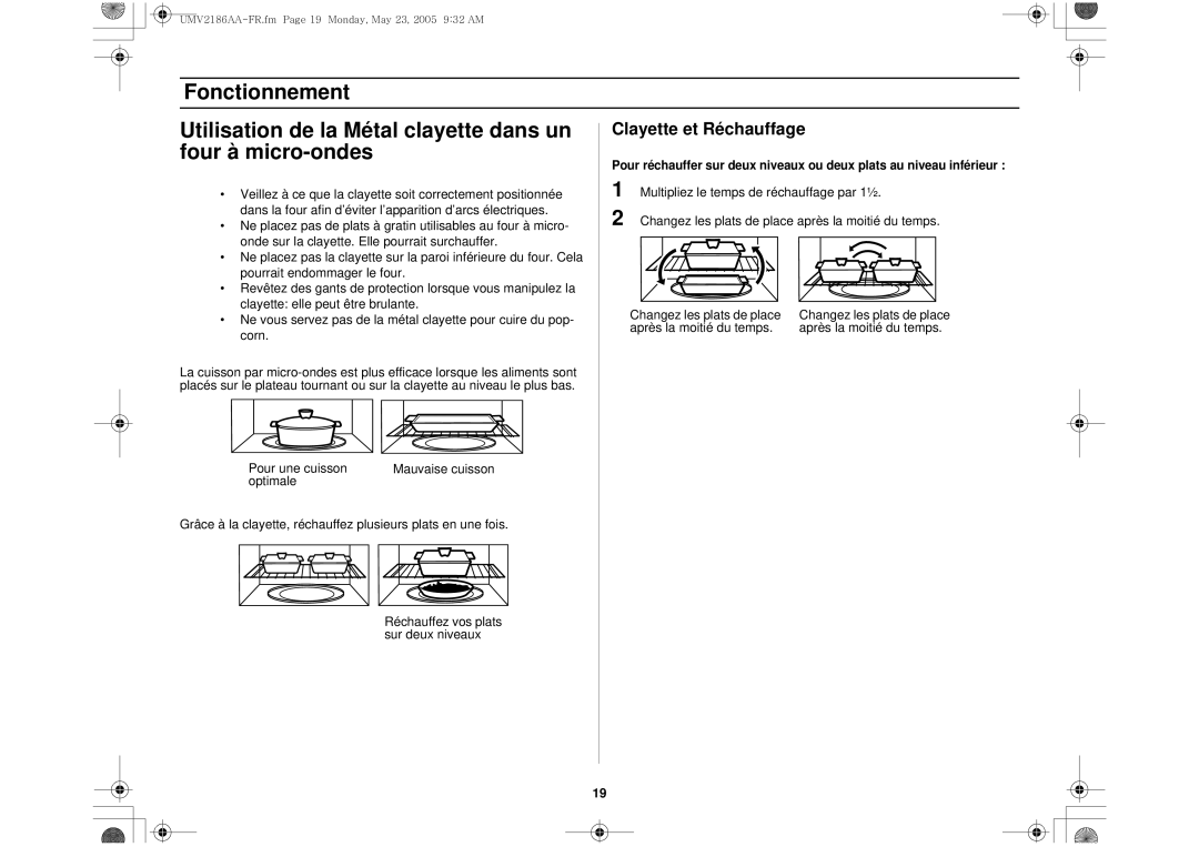 Whirlpool UMV2186AA Fonctionnement Utilisation de la Métal clayette dans un, Four à micro-ondes, Clayette et Réchauffage 