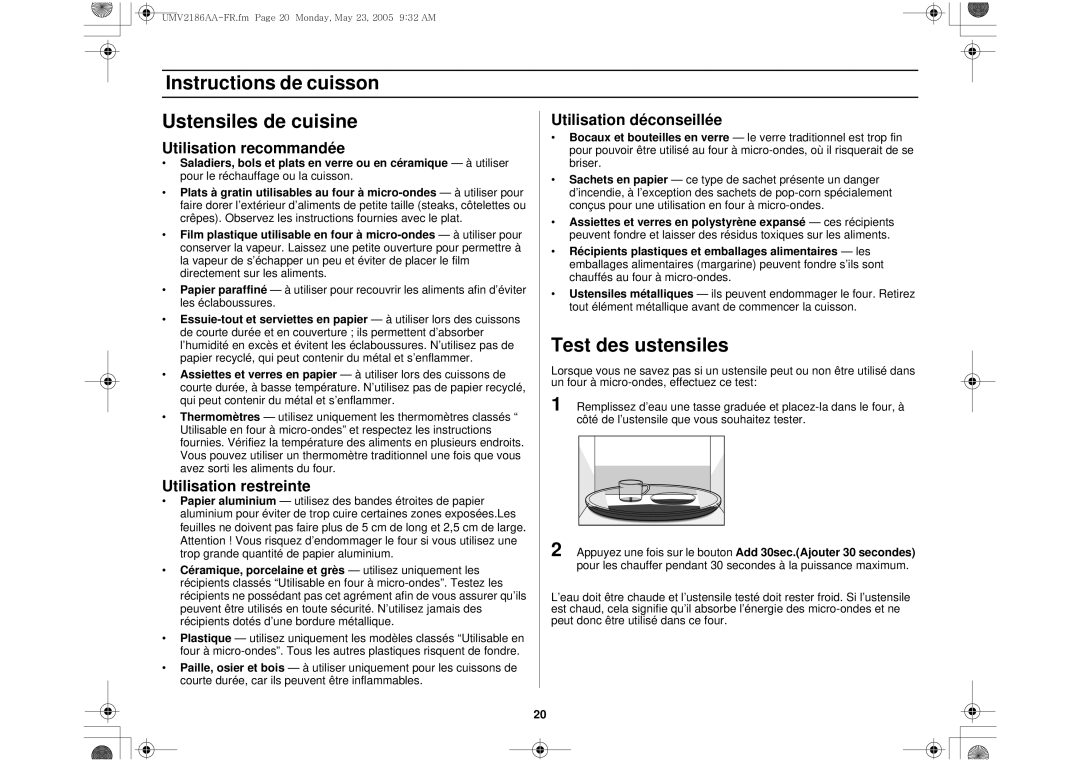 Whirlpool UMV2186AA Instructions de cuisson Ustensiles de cuisine, Test des ustensiles, Utilisation recommandée 