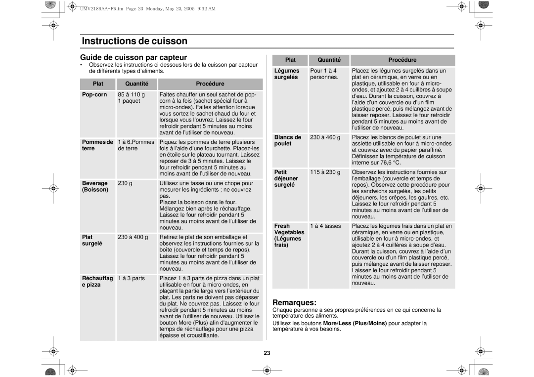 Whirlpool UMV2186AA owner manual Instructions de cuisson, Guide de cuisson par capteur, Remarques 