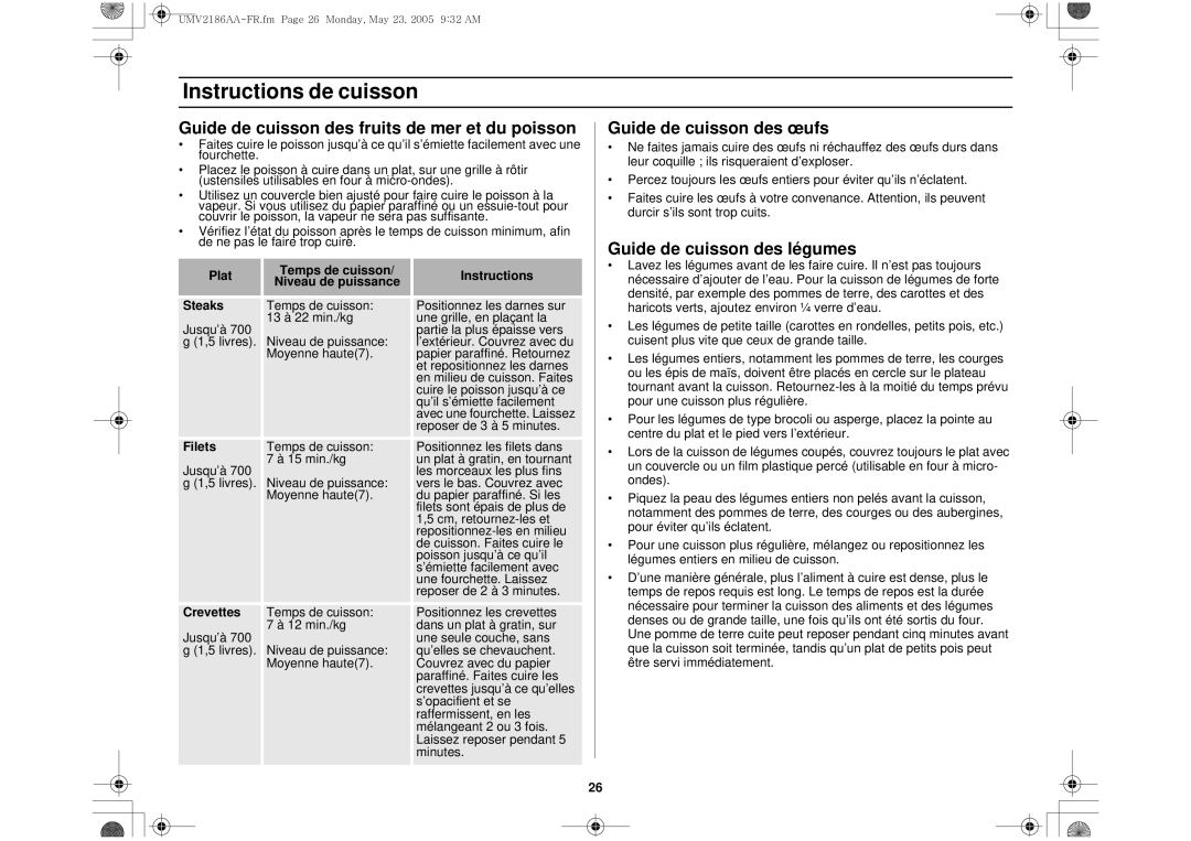 Whirlpool UMV2186AA Guide de cuisson des fruits de mer et du poisson, Guide de cuisson des œufs, Filets, Crevettes 