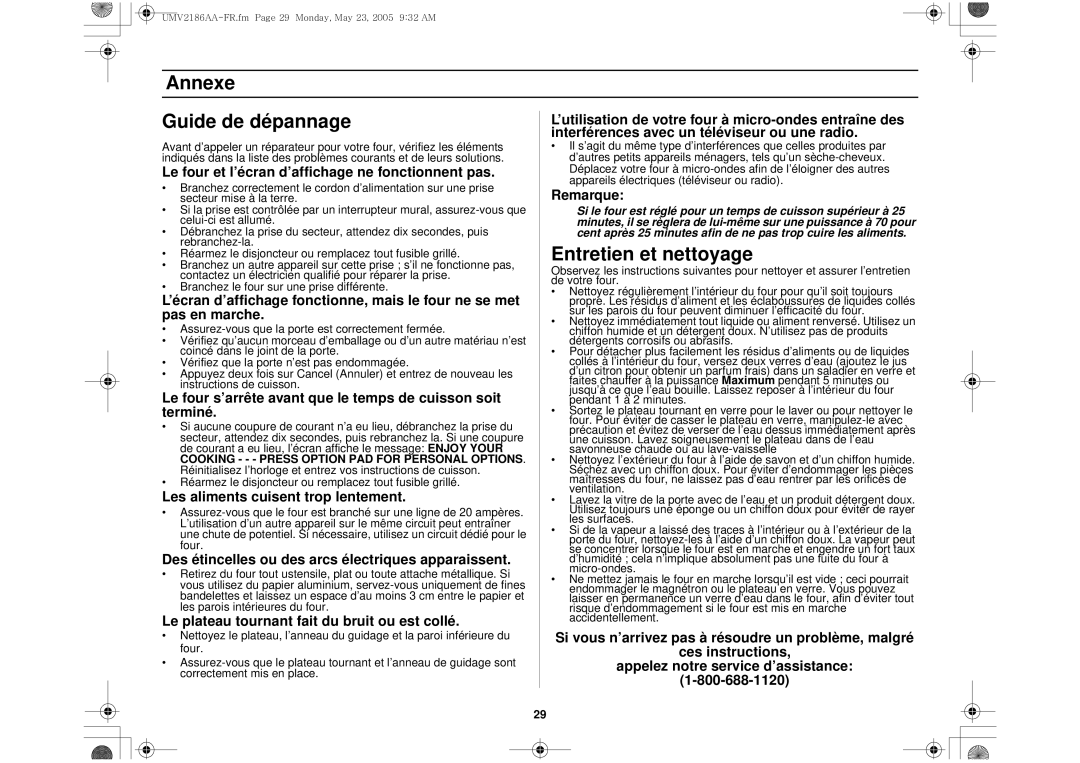 Whirlpool UMV2186AA owner manual Annexe Guide de dépannage, Entretien et nettoyage 