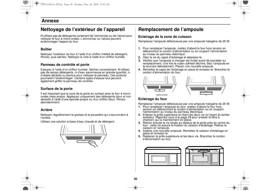 Whirlpool UMV2186AA Eclairage de la zone de cuisson, Boîtier, Panneau de contrôle et porte, Surface de la porte, Arrière 