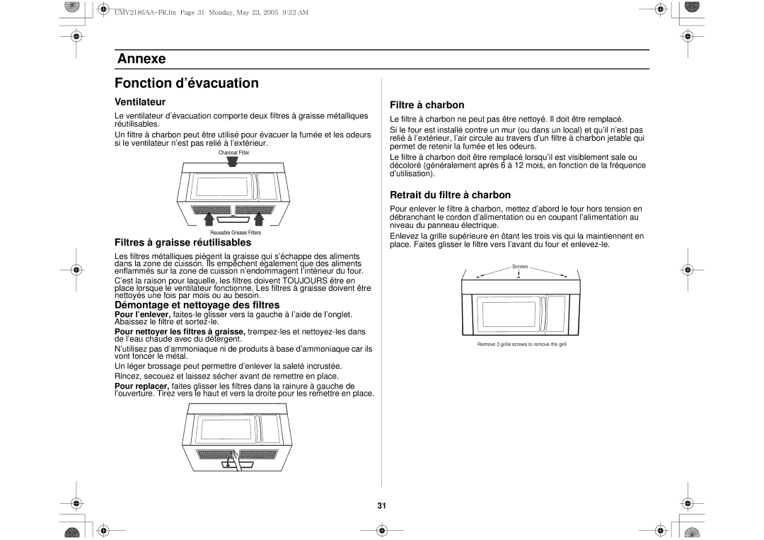 Whirlpool UMV2186AA owner manual Annexe Fonction d’évacuation, Ventilateur Filtre à charbon, Retrait du filtre à charbon 