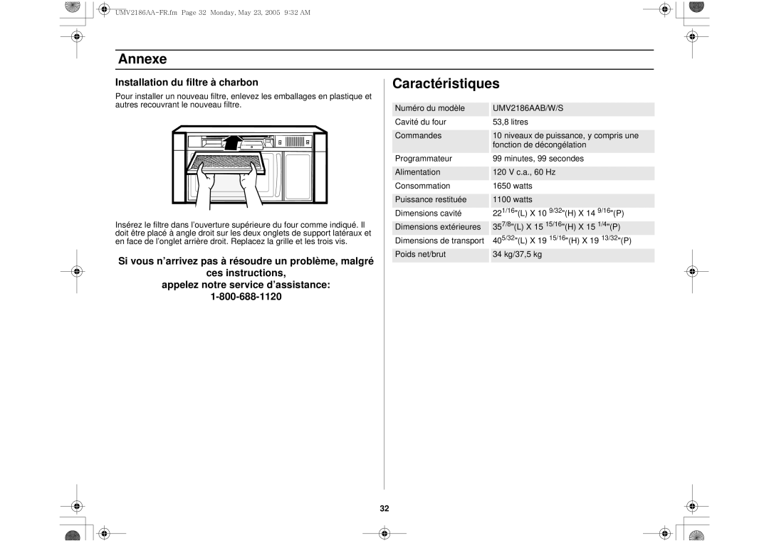 Whirlpool UMV2186AA owner manual Annexe, Caractéristiques, Installation du filtre à charbon 