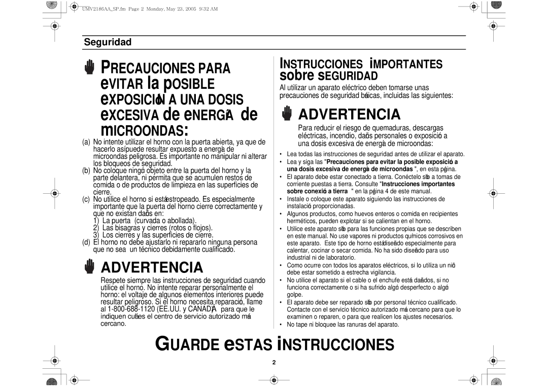 Whirlpool UMV2186AA owner manual Seguridad, Instrucciones iMPORTANTES, Sobre sEGURIDAD 