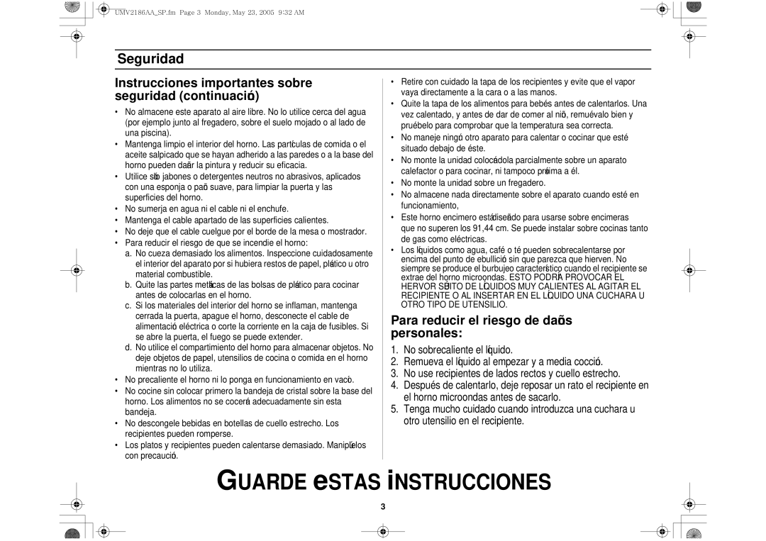 Whirlpool UMV2186AA owner manual Instrucciones importantes sobre seguridad continuación 